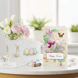 Violett-Aquarellblumen und Schmetterling Ostern Feiertagskarte
