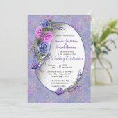 Violett-blaue Aquarellfarben-Rose & Tulpen mit Gol Einladung (Stehend Vorderseite)