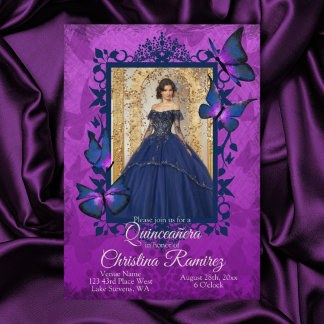 Violett, Blauer Schmetterling Quinceanera Einladun Einladung