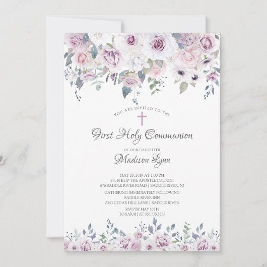 Violett-Blume Erste Kommune Einladung (Vorderseite)