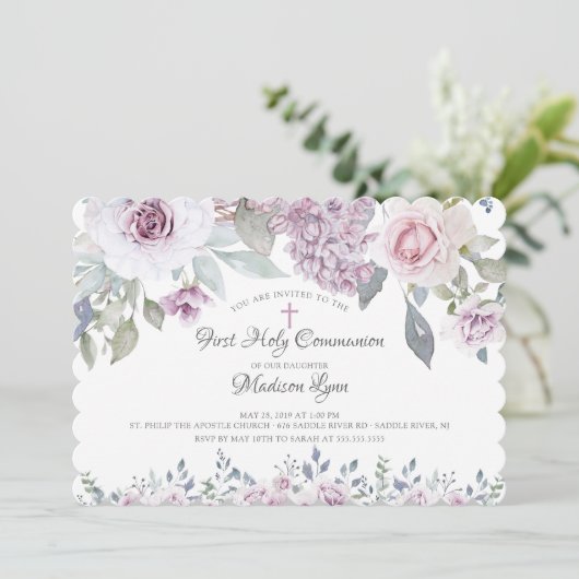 Violett-Blume Erste Kommune Einladung (Stehend Vorderseite)