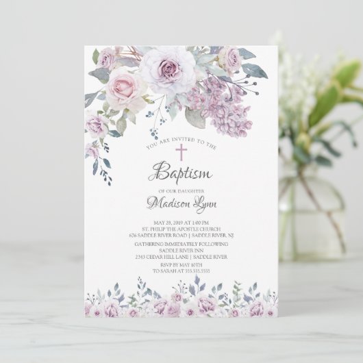 Violett-Blume Taufe Einladung (Stehend Vorderseite)