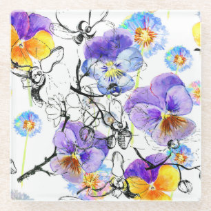 Violett Blume Wasserfarbenes Vintages Muster Glasuntersetzer