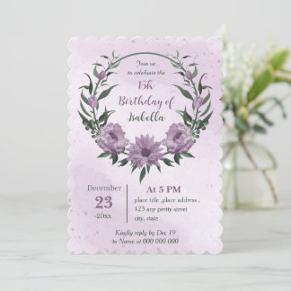 Violett-Blumen-Grünkranz Geburtstag Einladung
