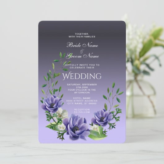 Violett-Blumen Hochzeitsfeiern Einladung (Stehend Vorderseite)