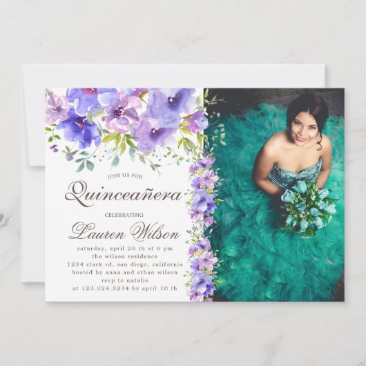 Violett Blumengarten Quinceanera Foto Einladung (Vorderseite)