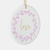 Violett Blumenreath mit Liebe in Gelbschrift Keramik Ornament (Rechts)