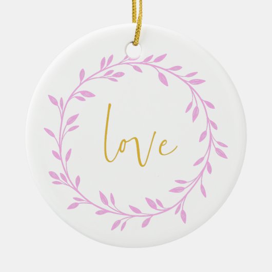 Violett Blumenreath mit Liebe in Gelbschrift Keramik Ornament (Vorne)