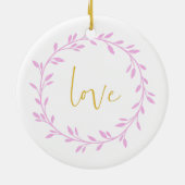 Violett Blumenreath mit Liebe in Gelbschrift Keramik Ornament (Hinten)