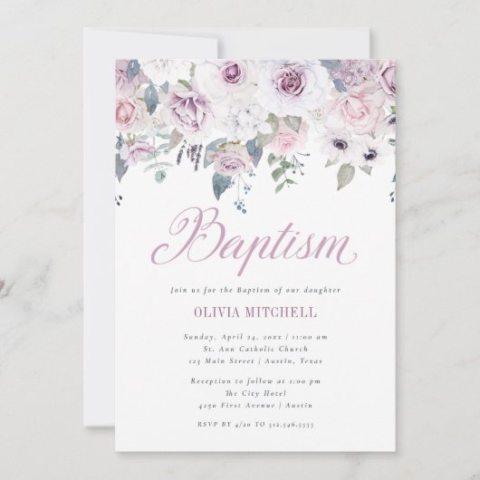 Violett Blush Floral | Taufe Einladung (Vorderseite)