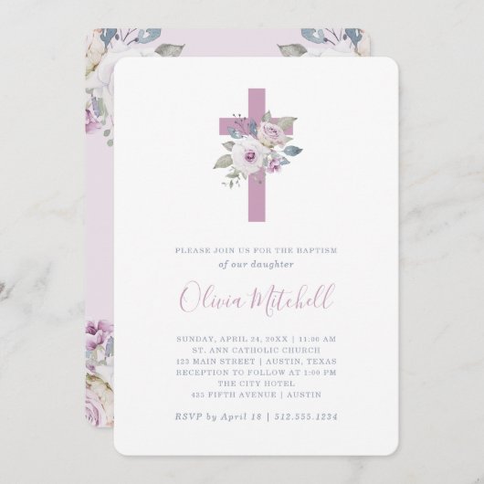 Violett| Florale Taufe mit Kreuz Einladung (Vorne/Hinten)