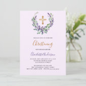 Violett-Girl-Cross Christening Einladung (Stehend Vorderseite)