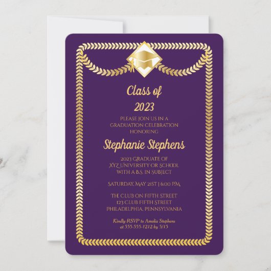 Violett | Gold Blätter Graduation Party Einladung (Vorderseite)
