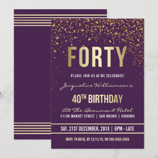 Violett | Gold Confetti 40. Geburtstag Party Einladung