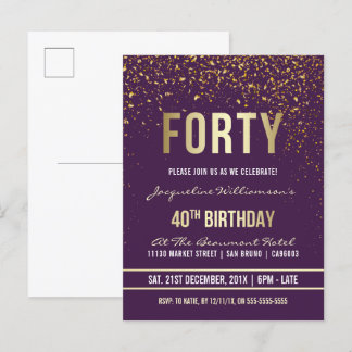 Violett | Gold Confetti 40. Geburtstag Party Einladungspostkarte