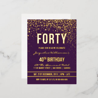 Violett | Gold Confetti 40. Geburtstag Party Folie Einladungspostkarte