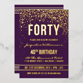 Violett | Gold Confetti 40. Geburtstag Party Folieneinladung