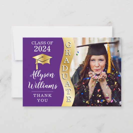 Violett | Gold Graduate Wave Grad Cap Foto Dankeskarte (Vorderseite)