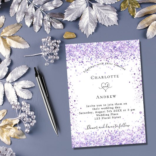 Violett Hochzeitsskript weiß elegant Einladung