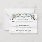 Violett-Holzmenü Hochzeit RSVP Reaktion Mitteilungskarte (Vorderseite)