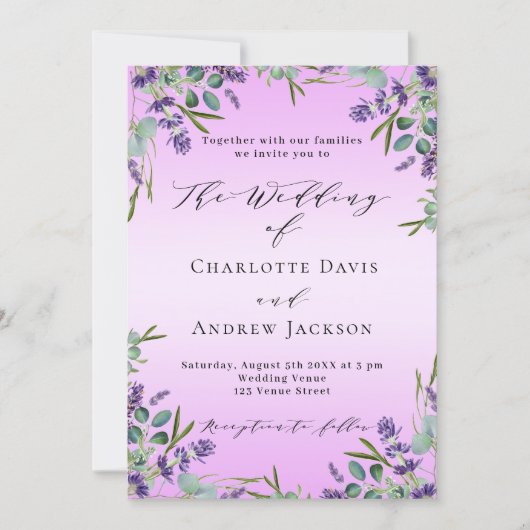 Violett-Lavendel-Blumen Rosa Grüne Hochzeit Einladung (Vorderseite)