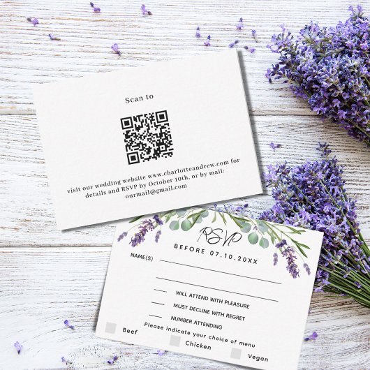 Violett Lavendel Hochzeitmenü QR Antwort RSVP Kart