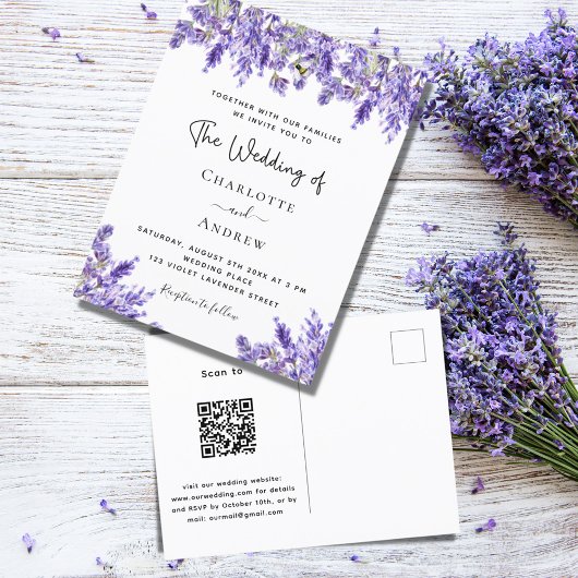 Violett-Lavendel QR UAWG Details Hochzeit Einladungspostkarte