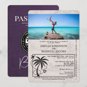 Violett-lila Bahamas Reisepass Hochzeitseinladung Einladung
