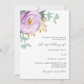 Violett lila Blumengrün Hochzeit Einladung (Vorderseite)