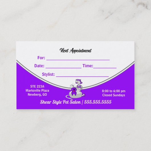 Violett Lila Groom auf dem Heimtierzucht Terminkarte (Rückseite)