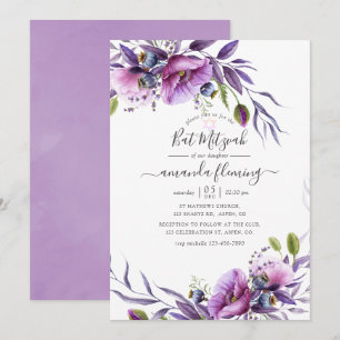Violett-lila Mohn-Blumen Bat Mizwa Einladung
