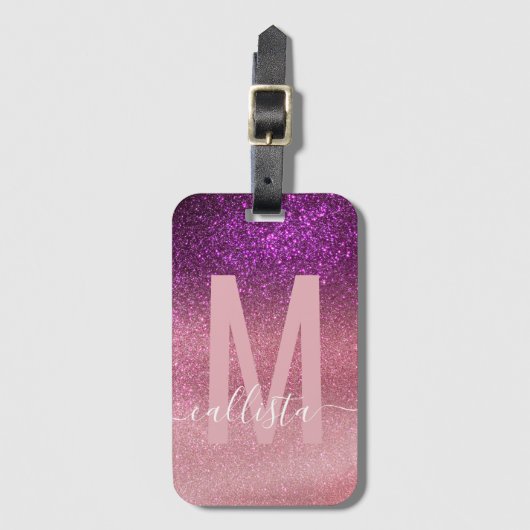 Violett Lila rosa Triple Glitzer Ombre Monogram Gepäckanhänger (Vorderseite Vertikal)