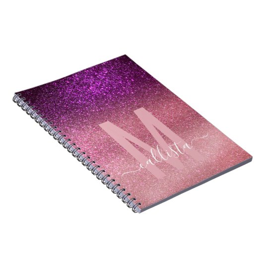Violett Lila rosa Triple Glitzer Ombre Monogram Notizblock (Rechte Seite)