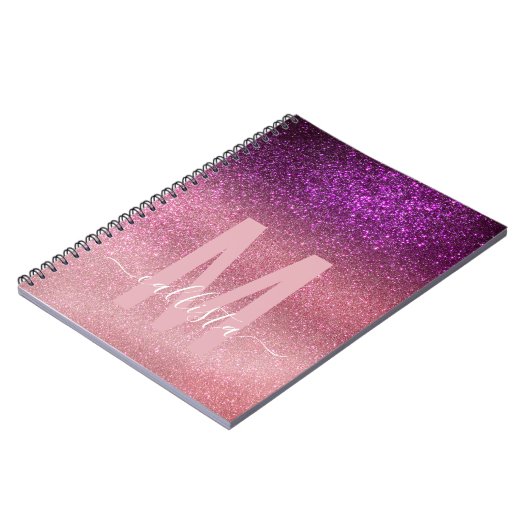 Violett Lila rosa Triple Glitzer Ombre Monogram Notizblock (Linke Seite)