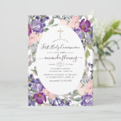 Violett, Pflaume und Blütenblüte Erstkommunion Einladung (Stehend Vorderseite)