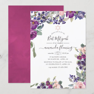 Violett, Pflaume und Rosé Floral Bat Mitzvah Einladung