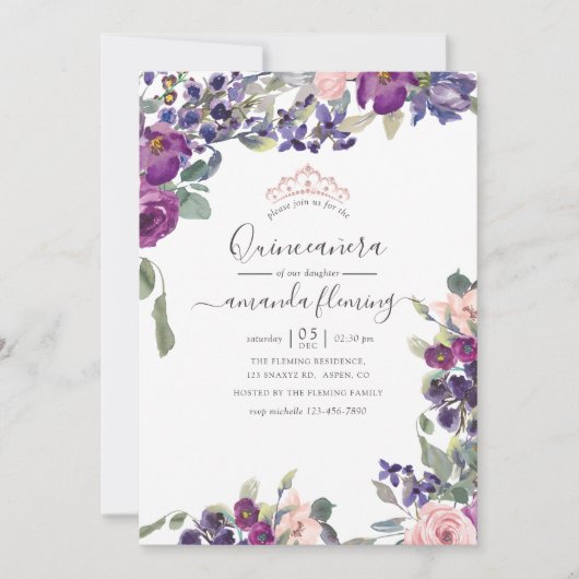 Violett, Pflaumen und Blütenblättrige Quinceñera Einladung (Vorderseite)