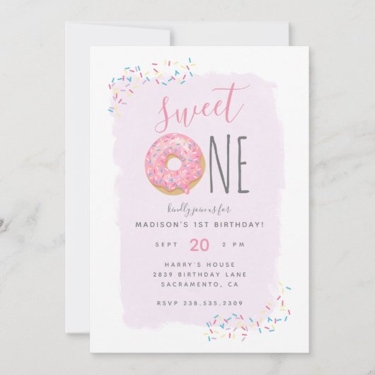 Violett | Pink Doughnut Sprinkle Sweet 1st Birthda Einladung (Vorderseite)