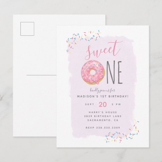 Violett | Pink Doughnut Sprinkle Sweet 1st Birthda Einladungspostkarte (Vorne/Hinten)