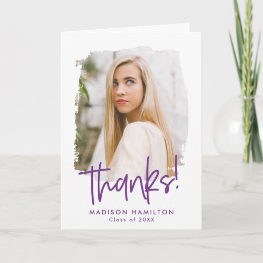 Violett | Preppy Script Foto Abschluss Dankeskarte (Vorderseite)