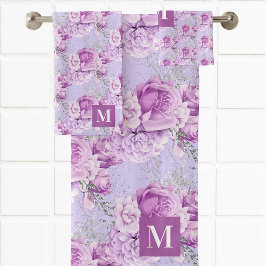 Violett Rosa Rosen Blume Monogramm Badhandtuch Set