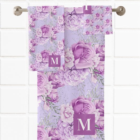 Violett Rosa Rosen Blume Monogramm Badhandtuch Set