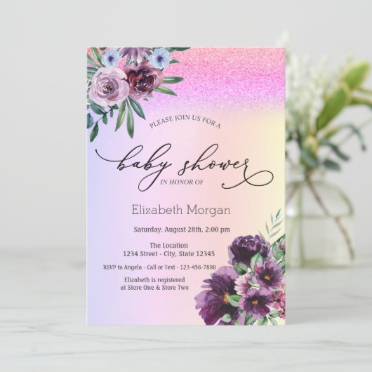 Violett-Rose, Glitzer-Bokeh-Kinderdusche Einladung (Stehend Vorderseite)