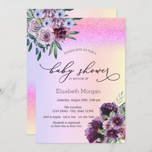 Violett-Rose, Glitzer-Bokeh-Kinderdusche Einladung (Vorne/Hinten)