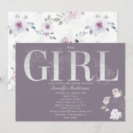 Violett Rose Silver Baby Girl Dusche Einladung