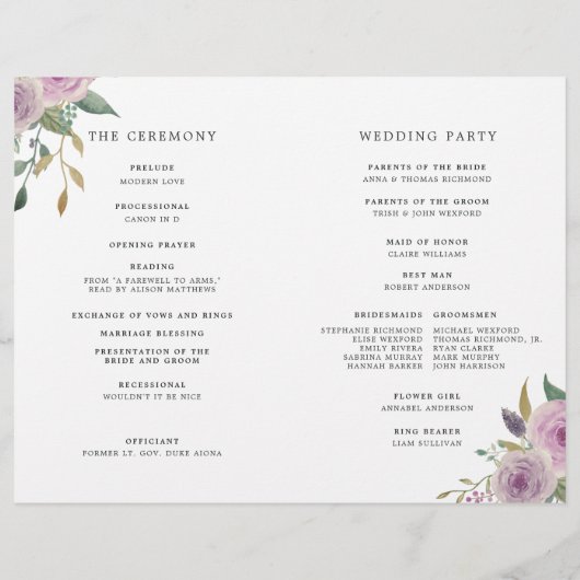 Violett & Sage Folded Wedding Programm (Rückseite)