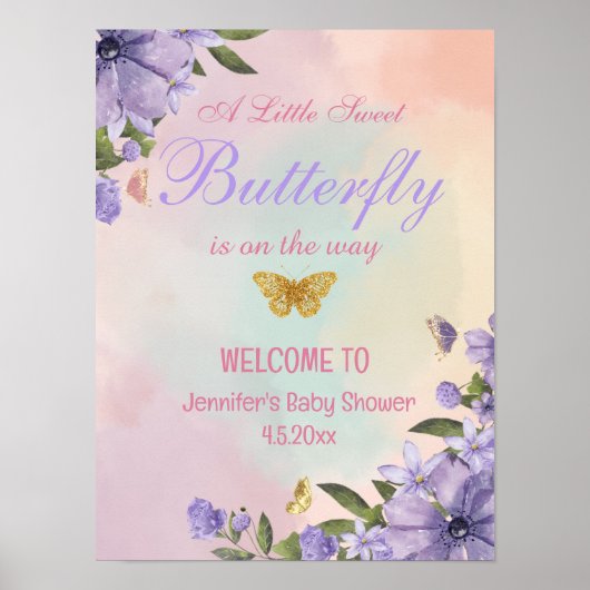 Violett-Schmetterling-Blumen Babydusche Begrüßungs Poster (Vorne)