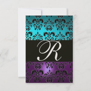 VIOLETT SCHWARZER DAMAST MONOGRAMM RSVP ,blau turq Einladung