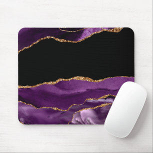 Violett Schwarzer Marmor Agate Glam Golden Glitzer Mousepad