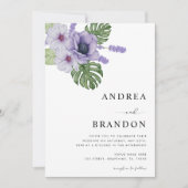 Violett Tropisches Leaf Botanisches All in One Wed Einladung (Vorderseite)